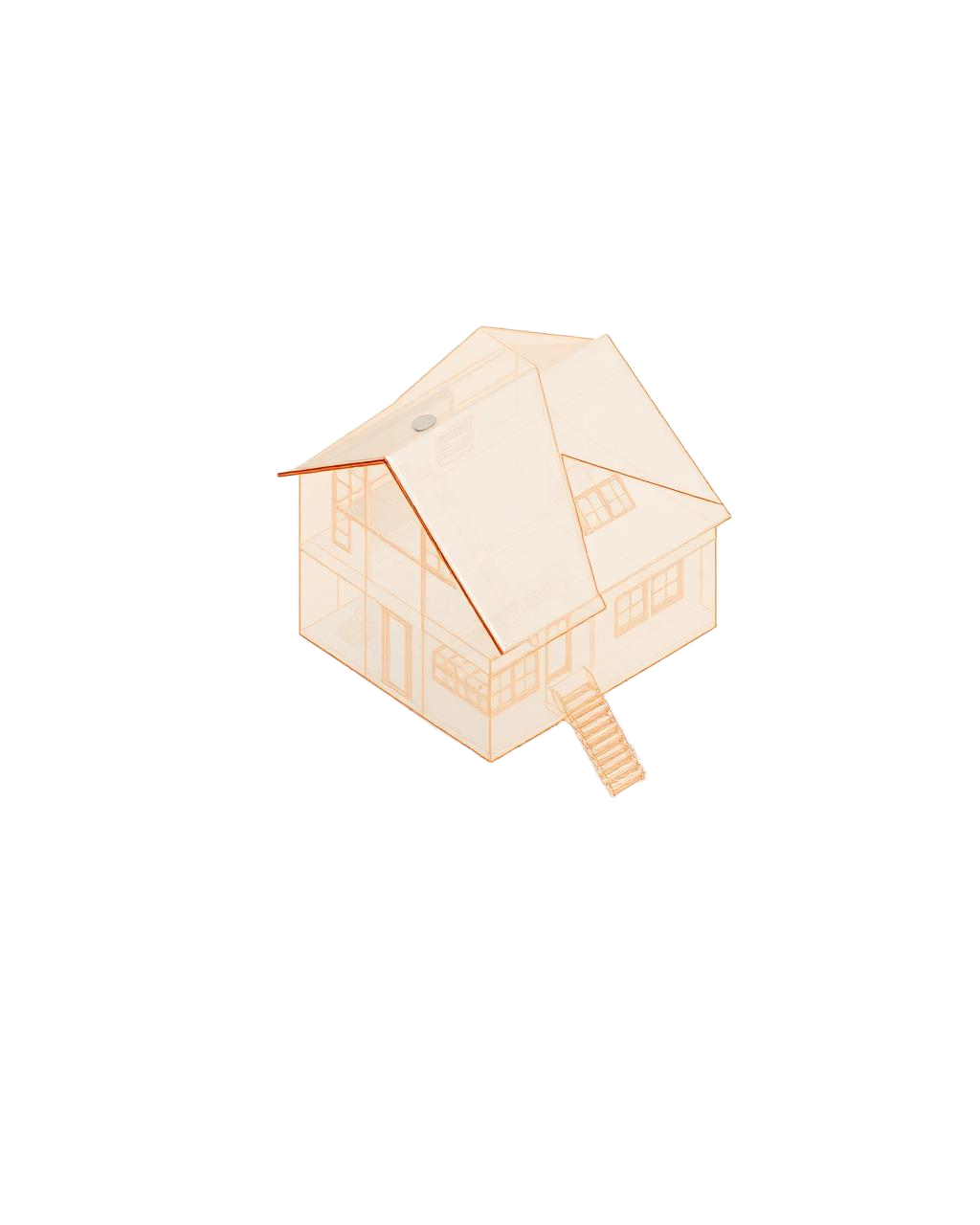 Isometric wireframe BIM house over a plan