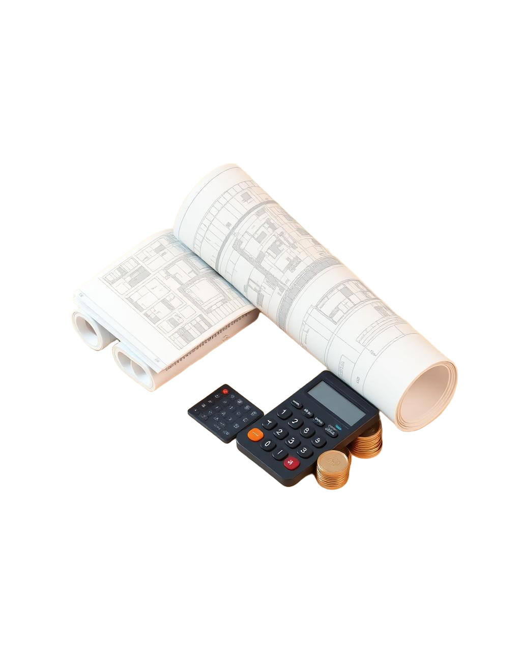 Isometric drawings, calculator and coins