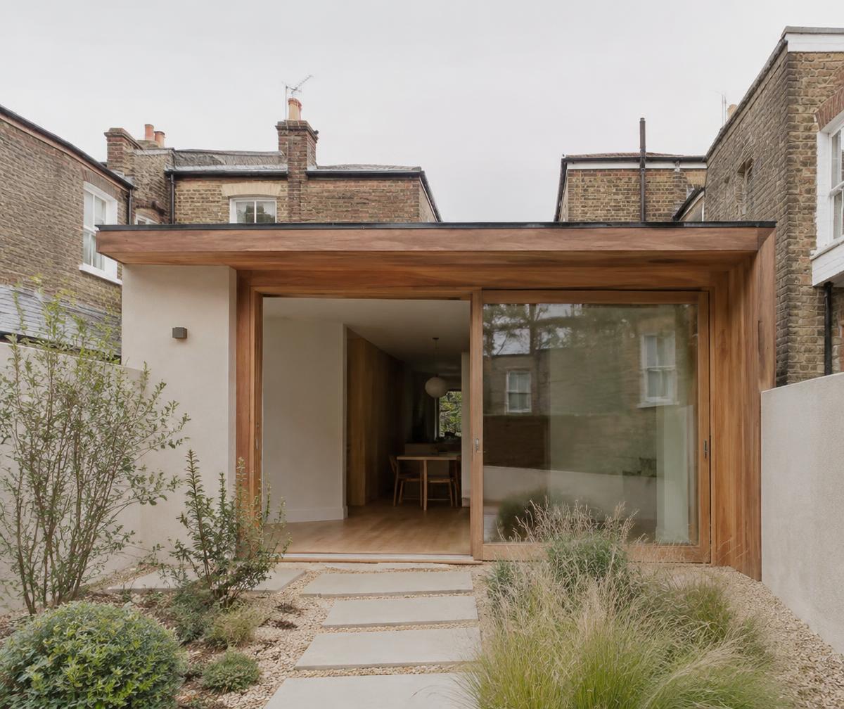 Japandi-style timber rear extension opening onto a calm garden