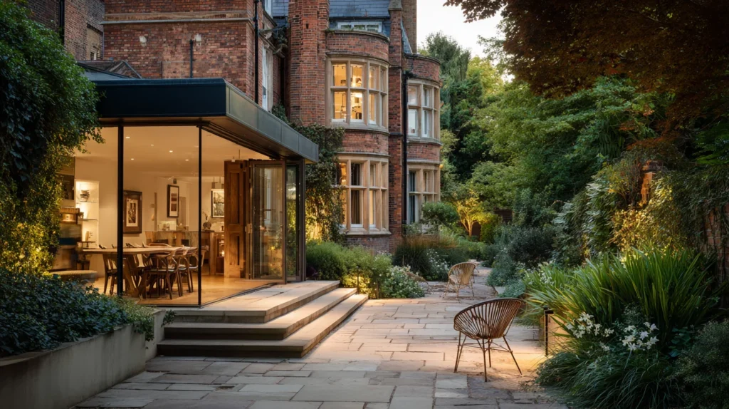 Hampstead Architects extension brick Victorian building with glass and metal clad addition, a paved patio with chairs and planting